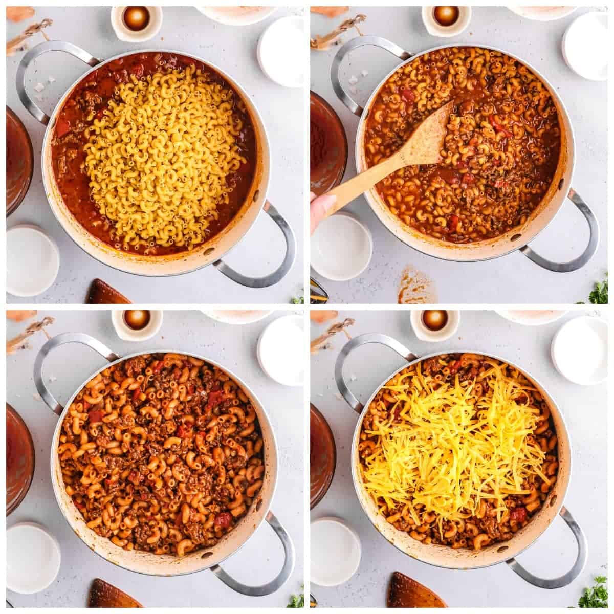 Four process photos. First one, pasta sauce with dried pasta dumped on top. Second one, everything simmering with a wooden spoon. Third one, pasta cooed and mixed together. Fourth one, Cheddar cheese being mixed in.