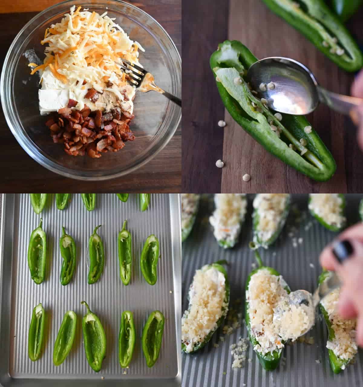 Four process photos. First one, all the cheese ingredients in a small clear bowl ready to be mixed. Second one, a spoon scooping out the seeds of a jalapeno. Third one, all the seeded jalapenos placed on a baking sheet. Fourth one, cheese filed jalapeno with panko bread crumbs sprinkled on top.