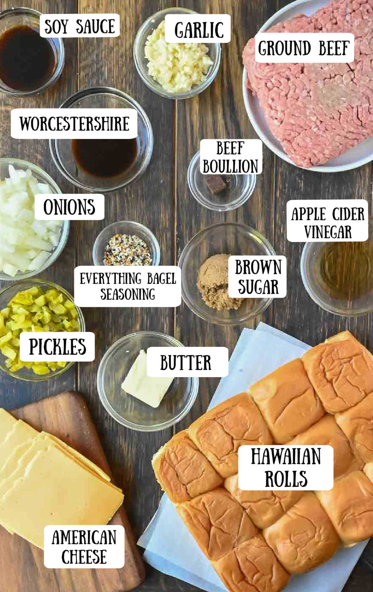Ingredients for chopped cheeseburger sliders.