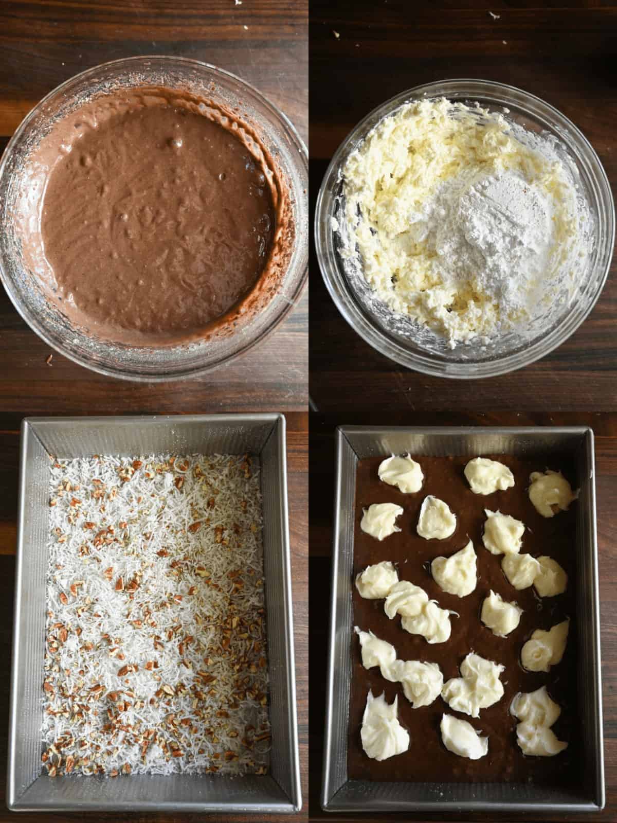 Four process photos. First one, cake batter all mixed together in a bowl. Second one, cream cheese frosting all mixed together in a bowl. Third one, coconut and pecans spread in a baking pan. Fourth one, cake batter poured into the pan and cream cheese frosting scattered in drops throughout the cake. 