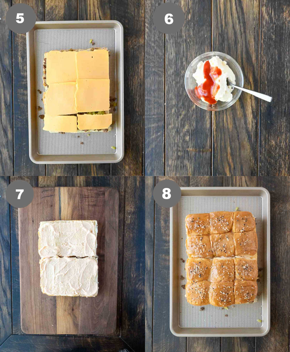 Cheese added on top and sauce mixed in a bowl then spread on the buns.