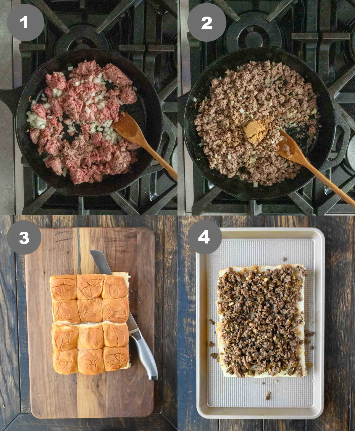 Ground beef being cooked in a skillet, then added to slider buns.
