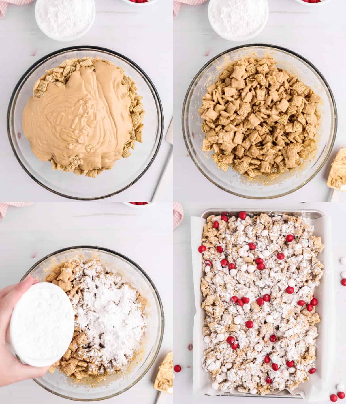 Four process photos. First one, rice cereal with chocolate peanut butter mixture on top in a large bowl. Second one, everything mixed togather in a bowl. Third one, powdered suger sprinkled on top. Fourth one, muddy buddys layed out into a parchment paper lined baking dish with red and pink M&M's scattered throughout.