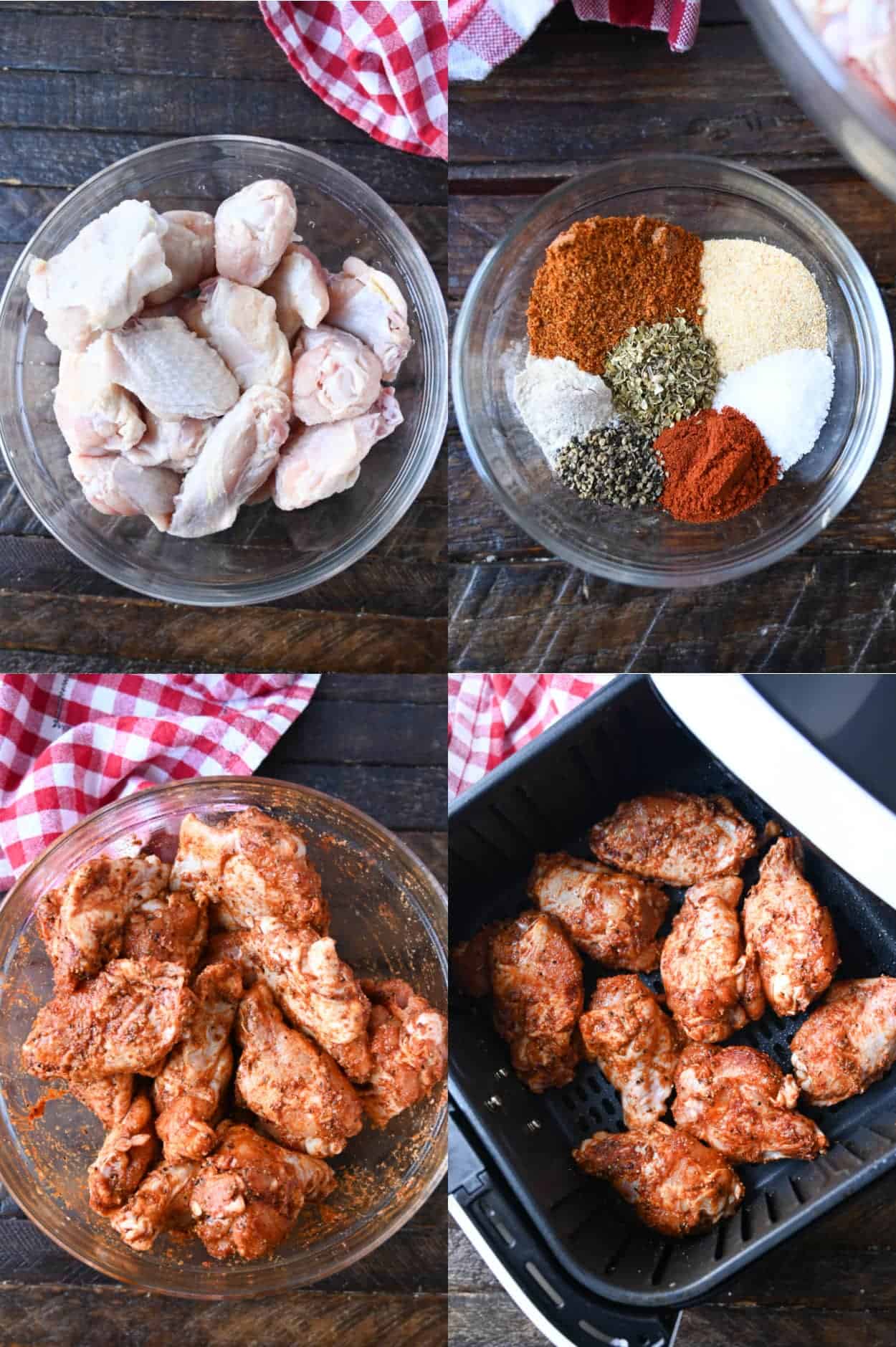 Four process photos. First one, raw chicken wings in a large clear bowl. Second one, all the spices in a small clear bowl. Third one, spices have been tossed with the chicken wings. Fourth one, chicken wings placed in the air fryer basket.