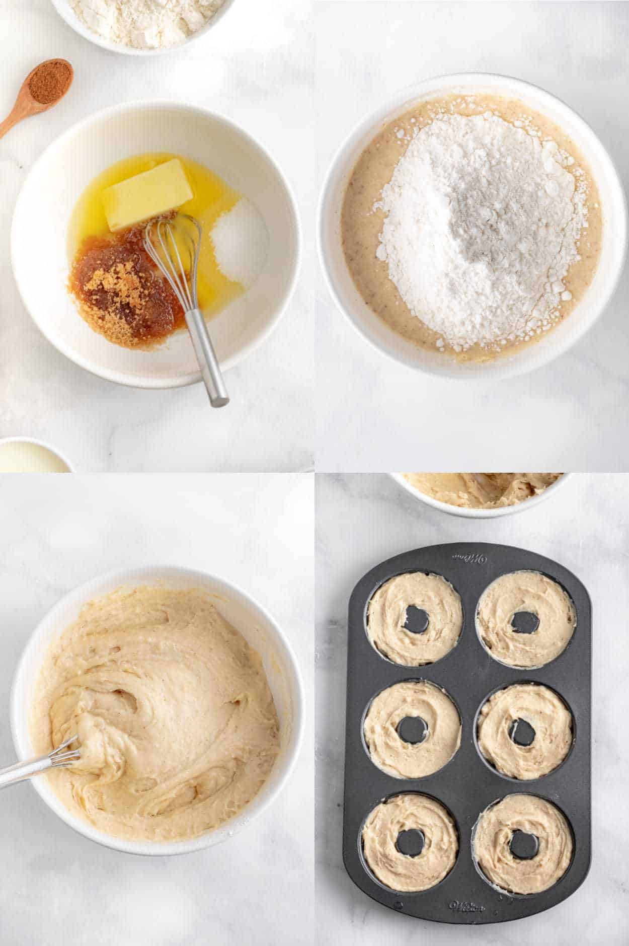 Four process photos. First one, all the wet ingredients in a white bowl. Second one, dry ingredients added to combined wet ingredients. Third one, all ingredients combined together. Fourth one, batter placed into donut baking tin.