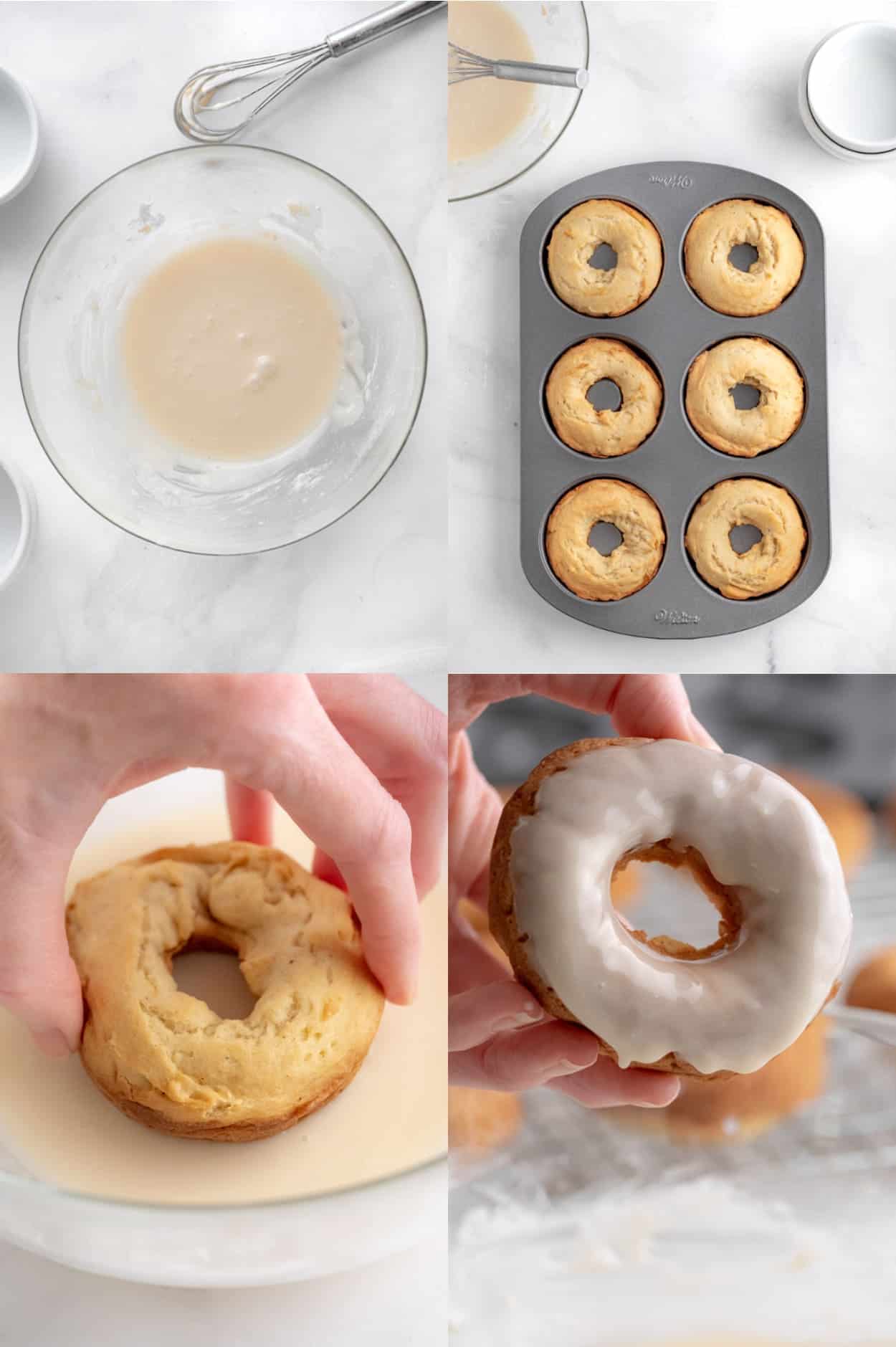 Four process photos. First one, icing mixed in a bowl. Second one, baked donuts out of the oven. Third one, donut being dipped into the glaze. Fourth one, dipped glazed donut being held in a hand.