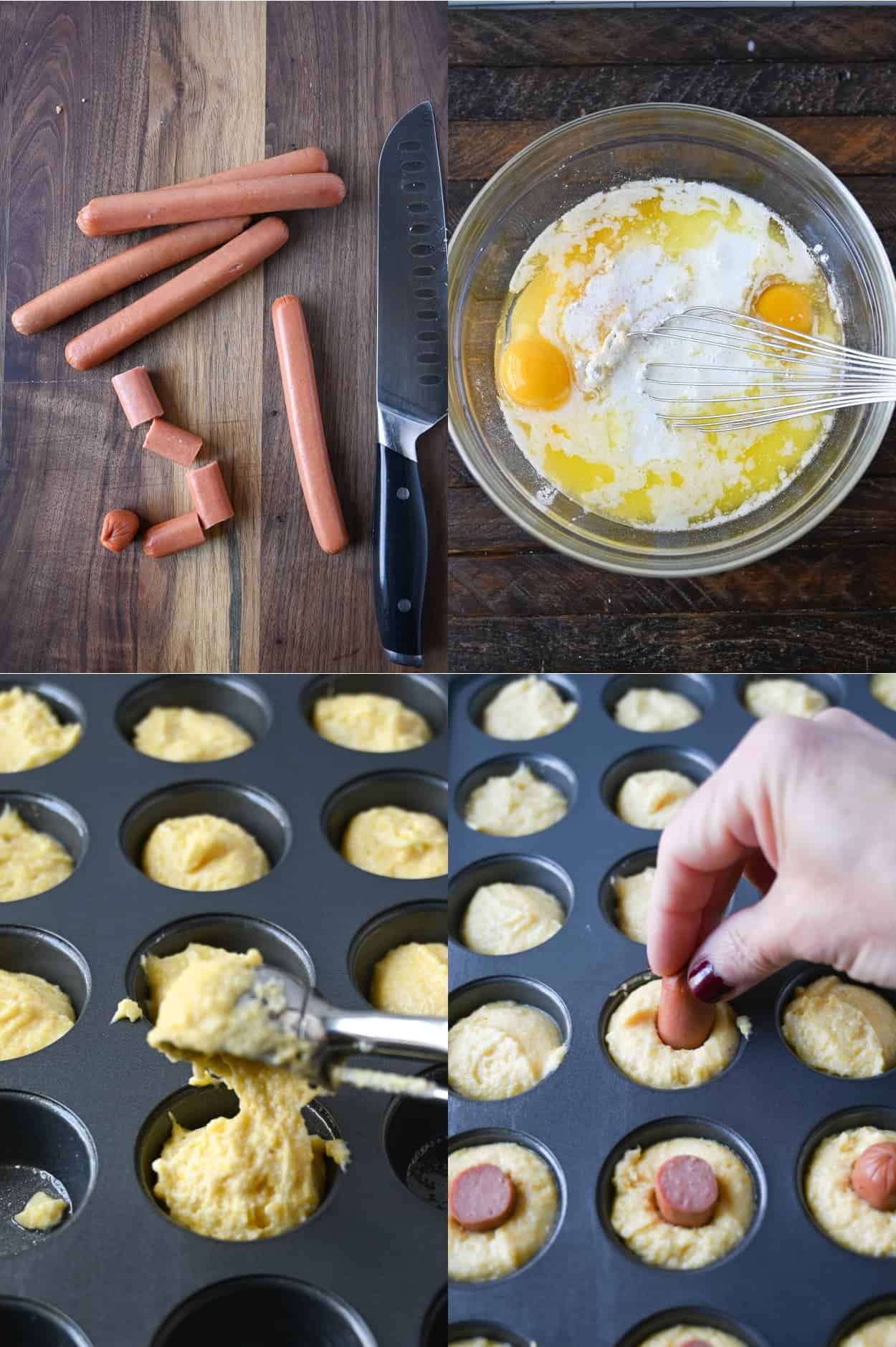 Four process photos. First one, 5 hotdogs and one cut into 1 inch pieces. Second one, all ingredients being mixed into a medium bowl. Third one, batter being scooped into a mini muffin tin. Fourth one, hot dog pieces being placed into the center of the muffin batter.