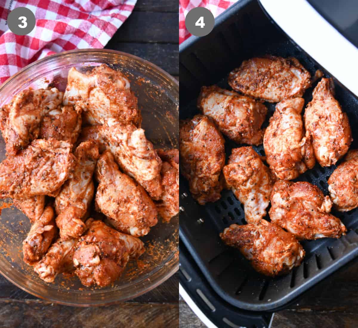 Wings tossed with spices and placed in an air fryer basket.