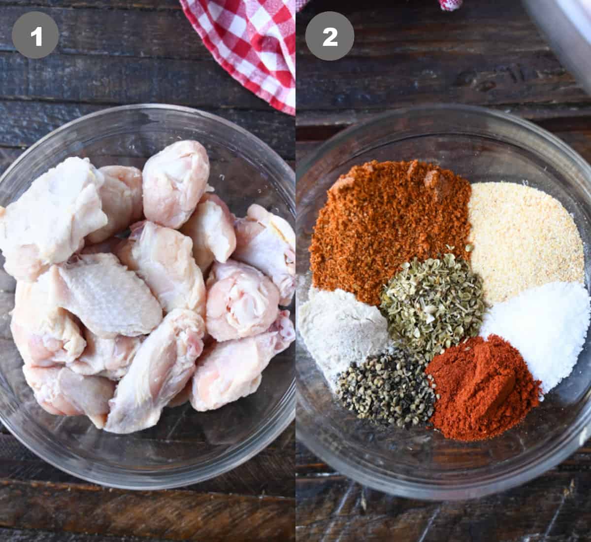 Chicken wings in a bowl. All the spices in another bowl.