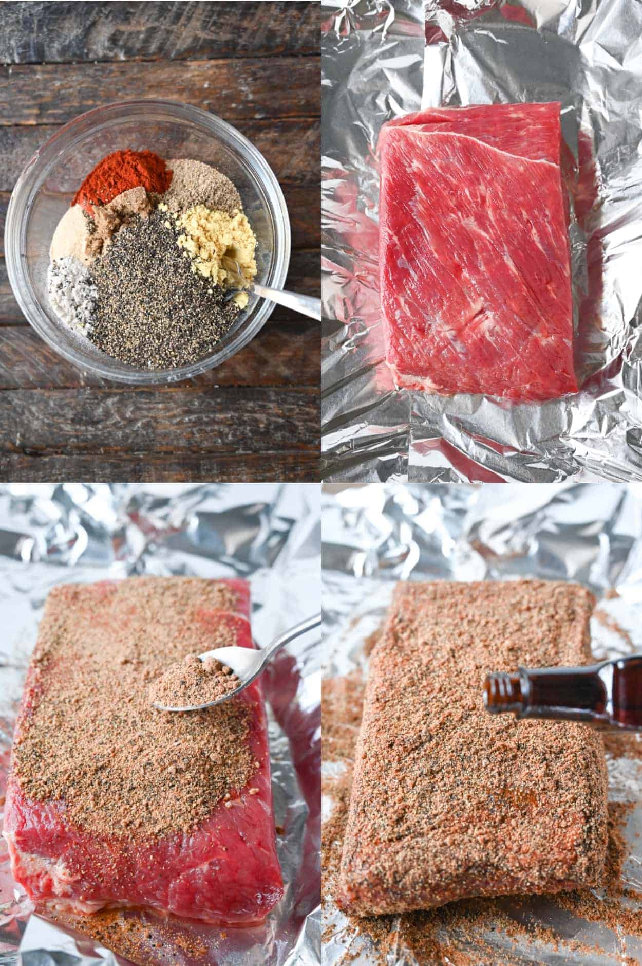 Four process photos. First one, all the spices mixed into a small bowl. Second one, raw corned beef placed on two overlapping sheets of aluminum foil. Third one spice mixture being sprinkled on the corned beef with a spoon. Fourth one, liquid smoke being drizzled on top of the corned beef.