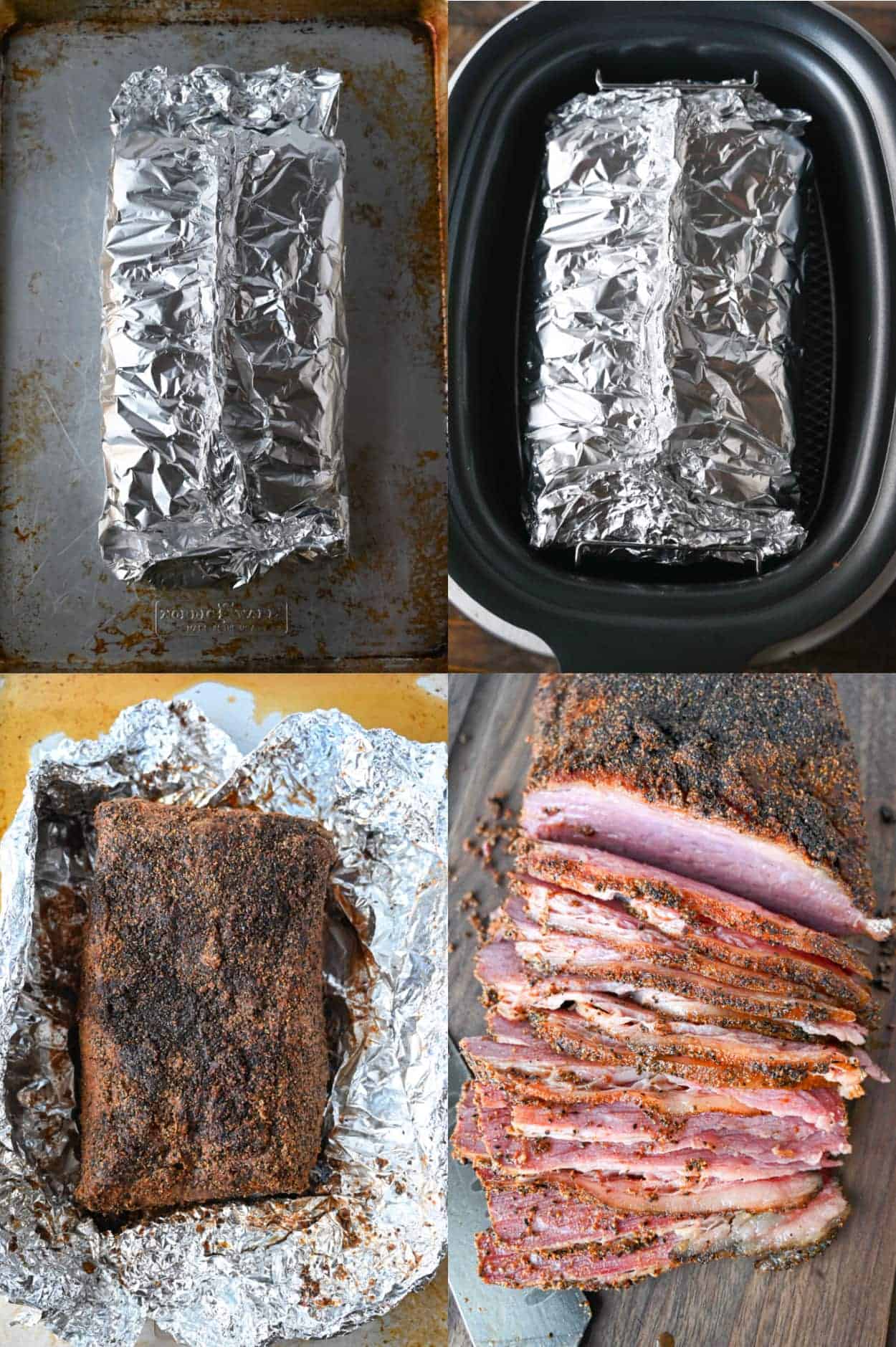Four process photos. First one, corned beef wrapped tightly in the aluminum foil. Second one, wrapped corned beef placed inside the slow cooker. Third one, corned beef that has been baked in the oven. Fourth one, corned beef that has been sliced thinly.