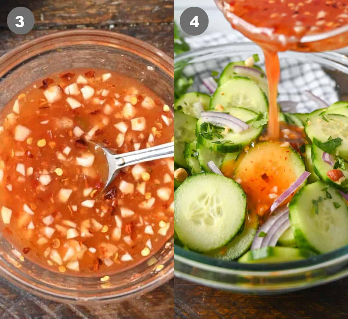 Dressing mixed in a small bowl then poured on top of sliced cucumbers.