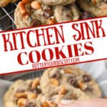 Kitchen sink cookies on a baking sheet and being picked up pinterest pin.