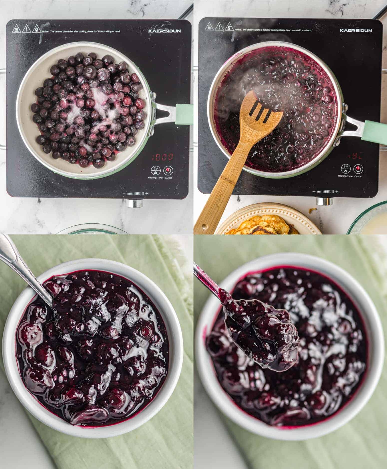 Four process photos. First one, blueberries and sugar added to a saucepan. Second one, blueberries simmering. Third one, blueberry compote in a small white bowl. Fourth one, a spoon picking up a bite of the blueberry compote. 