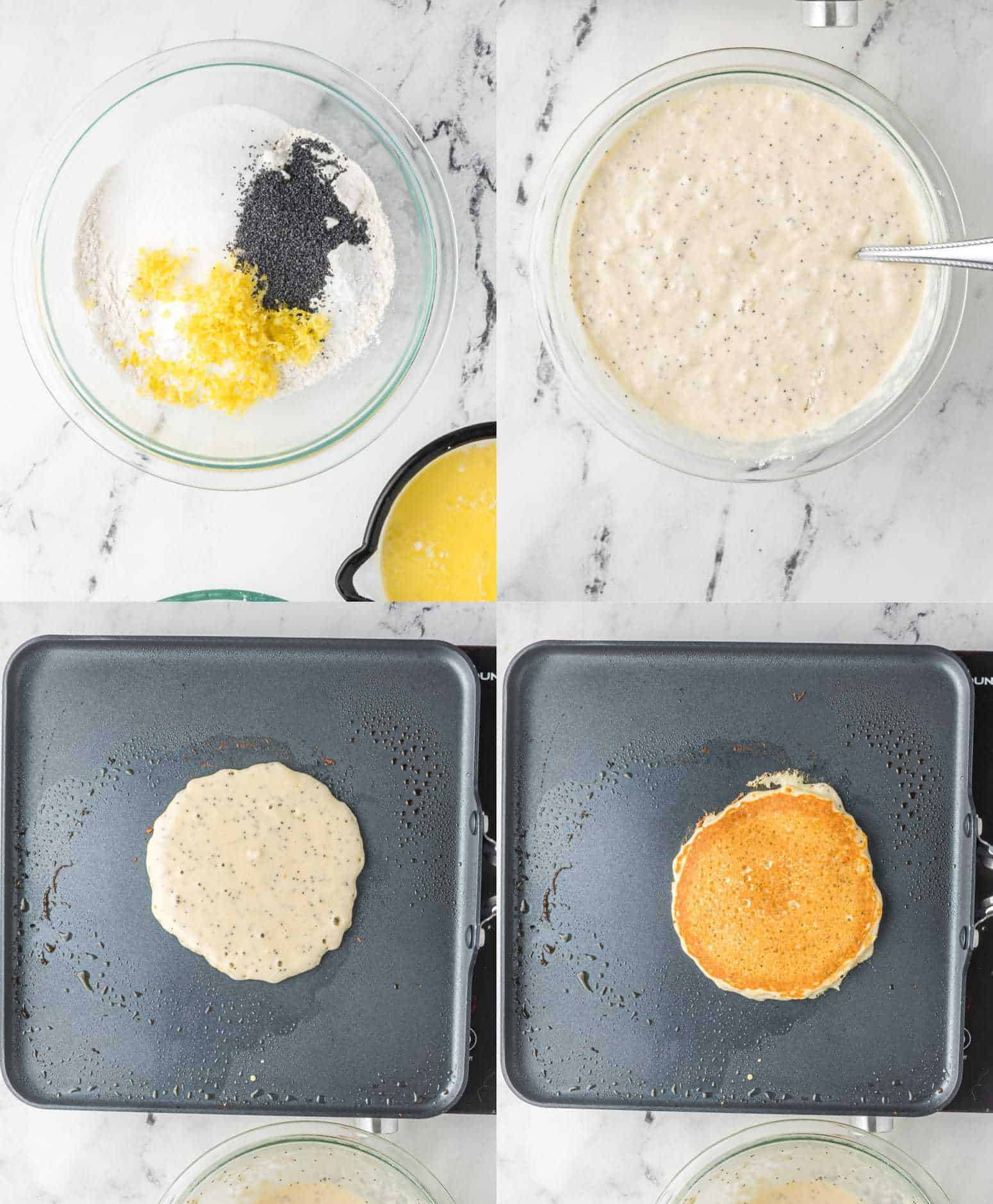 Four process photos. First one, dry pancake ingredients in a bowl. Second one, wet ingredients mixed into the dry. Third one, pancake poured onto a griddle. Fourth one, pancake that has been flipped. 
