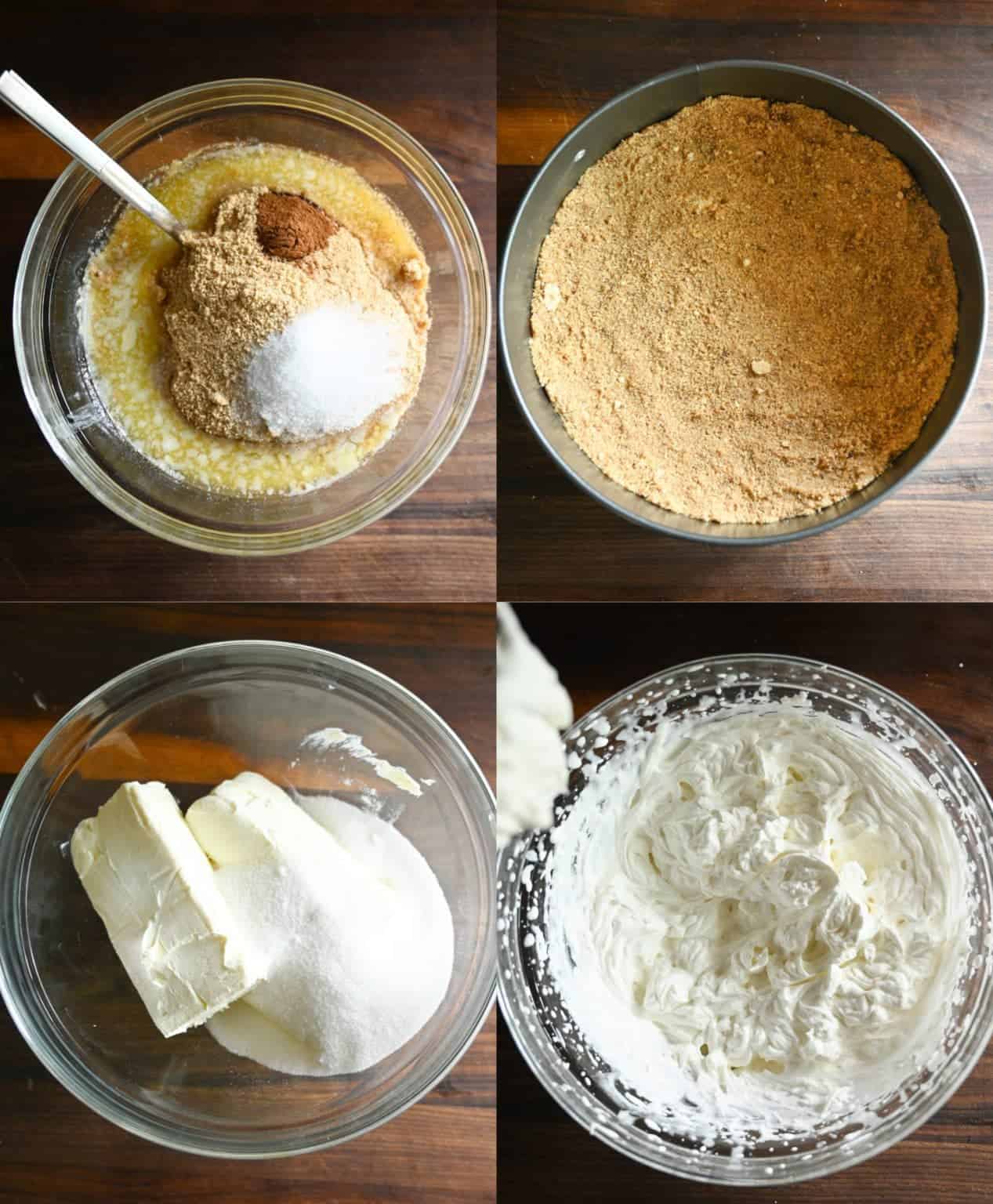 Four process photos. First one, all the crust ingredients added into a bowl with a spatula. Second one, crust that has been pressed into a spring foam pan. Third one, cream cheese and sugar in a large clear bowl. Fourth one, filling all ixed together and ready to go into the crust.