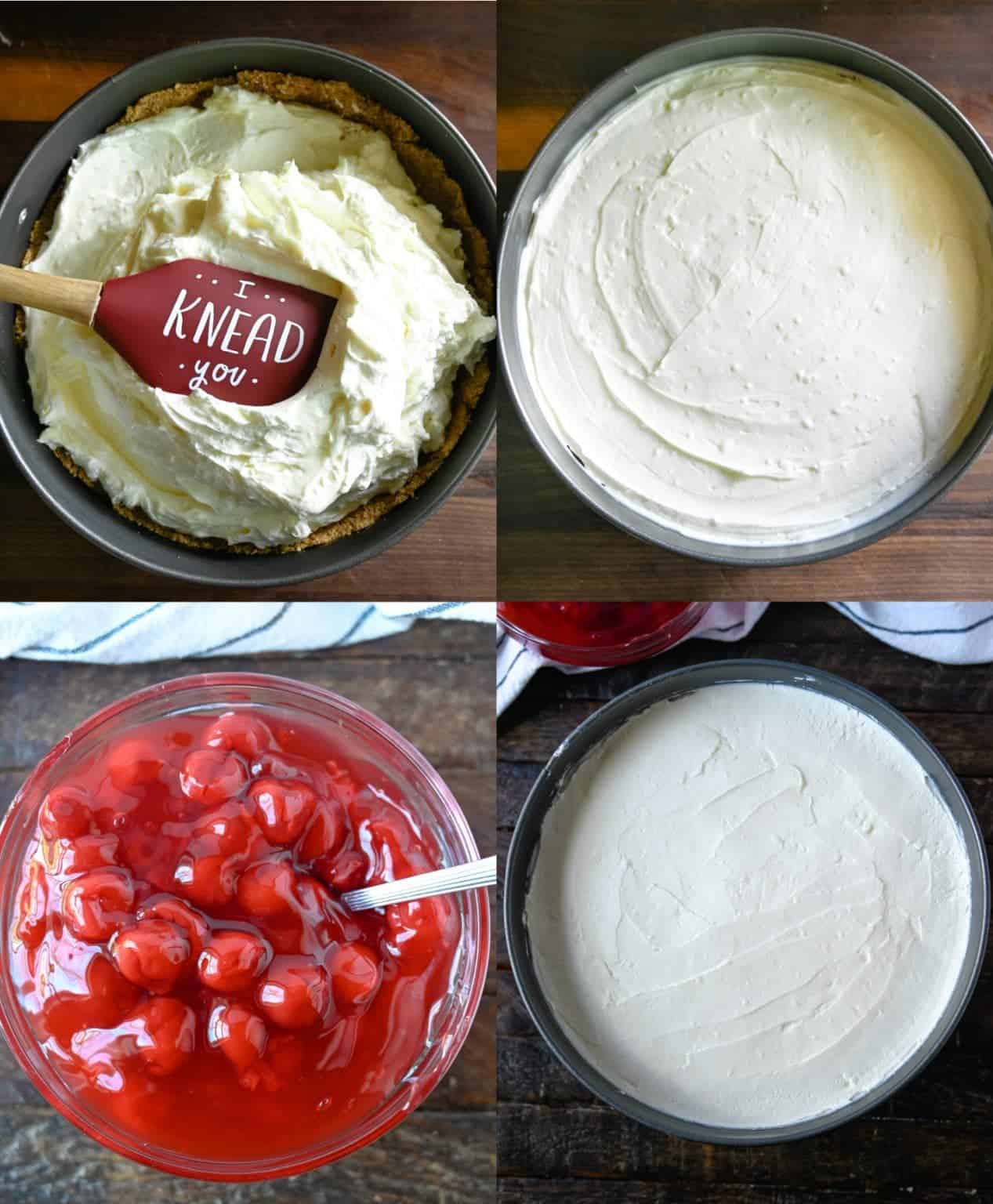 Four process photos. First one, cheesecake filling being spread into graham cracker crust. Second one, filling all spread into the spring foam pan. Third one, a bowl of canned cherries. Fourth one, cheesecake chilled and ready to decorate.