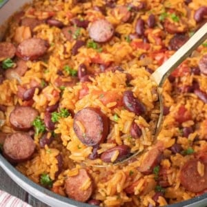 A spoon scooping up some cajun rice and beans.