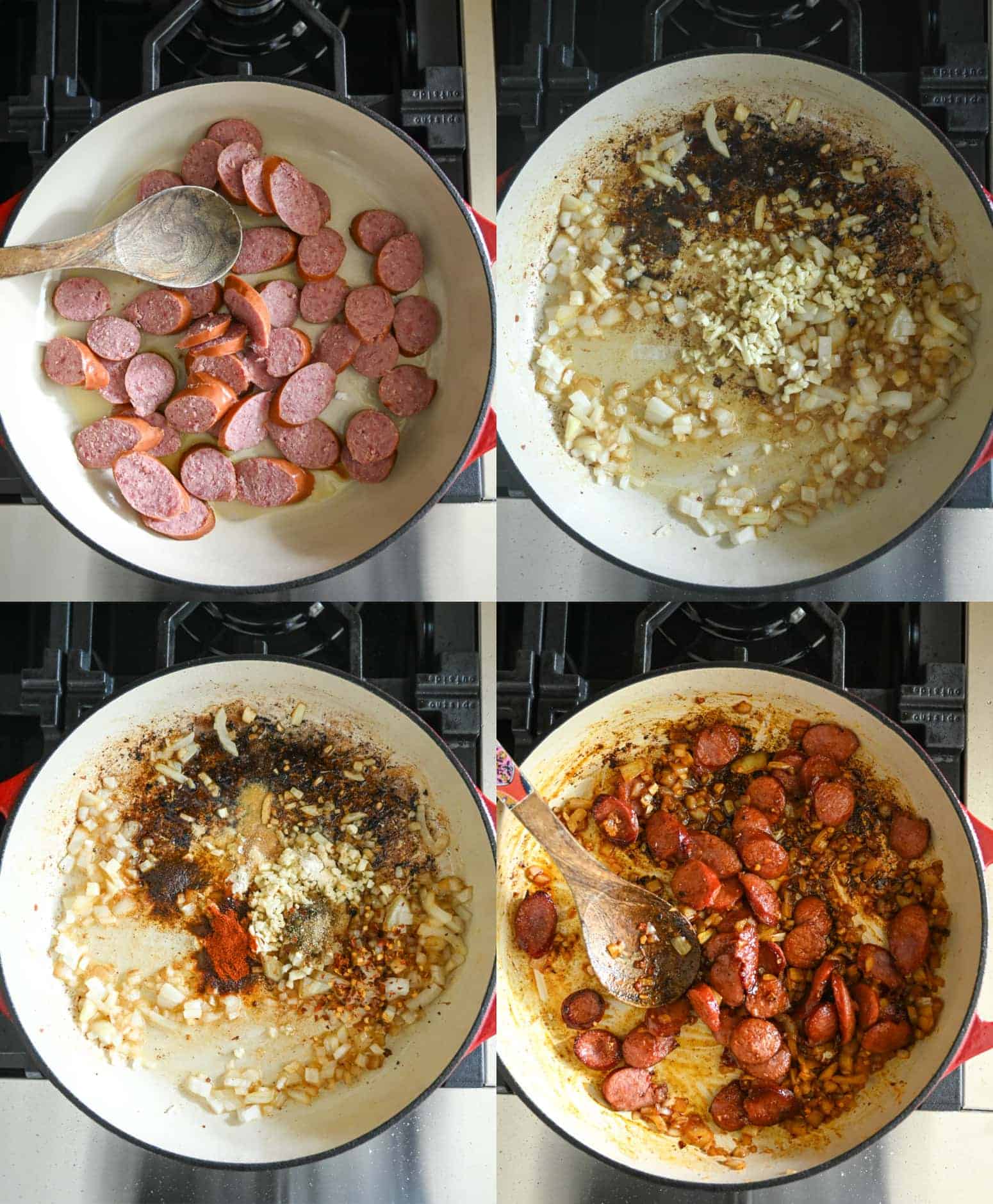 Four process photos. First one, sliced sausages in a skillet. Second one, sausages removed and diced onions added in. Third one, fresh garlic that has been added. Fourth one, spices added in and sausages added back in.