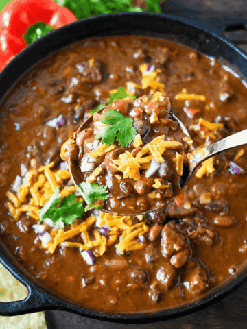 Steak chili in a dutch oven.