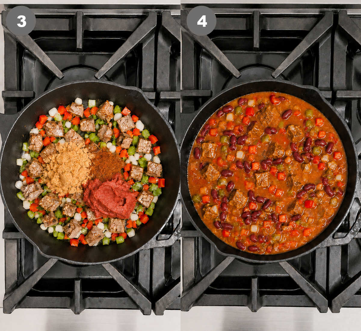 A pot with steak, peppers, onions and spices added in. then beef broth and beans added.