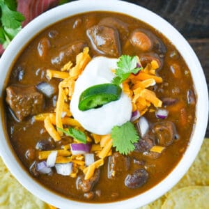 Close up of steak chili in a bowl.