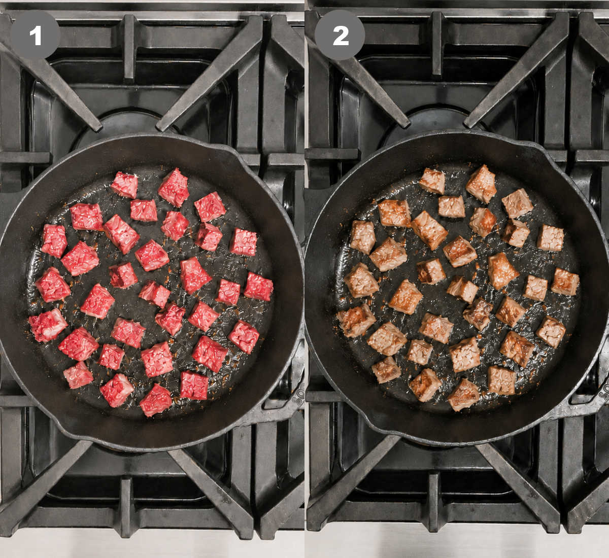 Steak bites being browned in a pot.