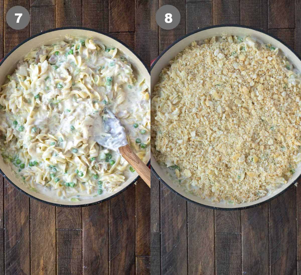 Everything mixed together in the skillet then crushed crackers sprinkled on top.