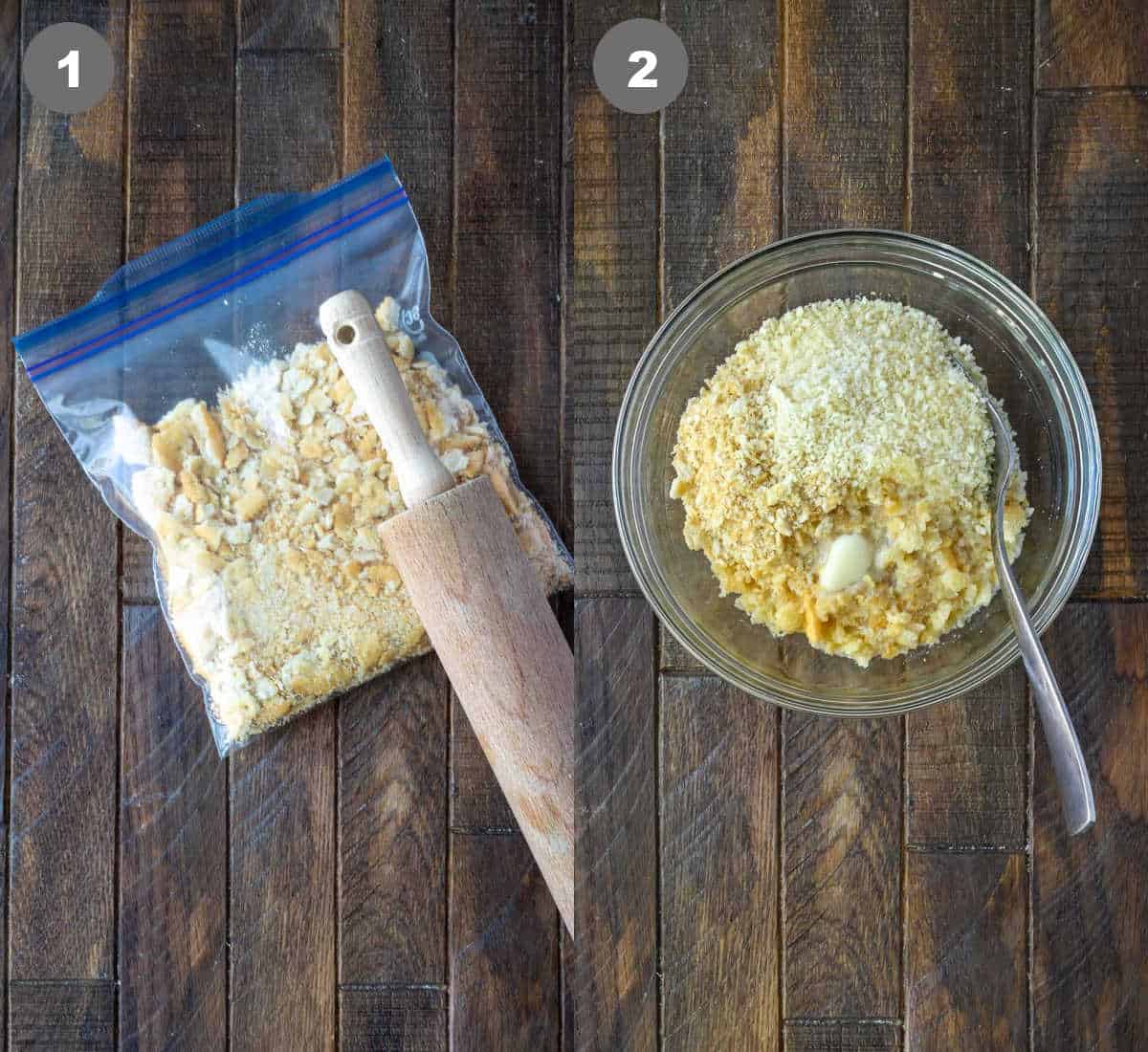 Ritz crackers in a ziplock bag being crushed with a wooden rolling pin.