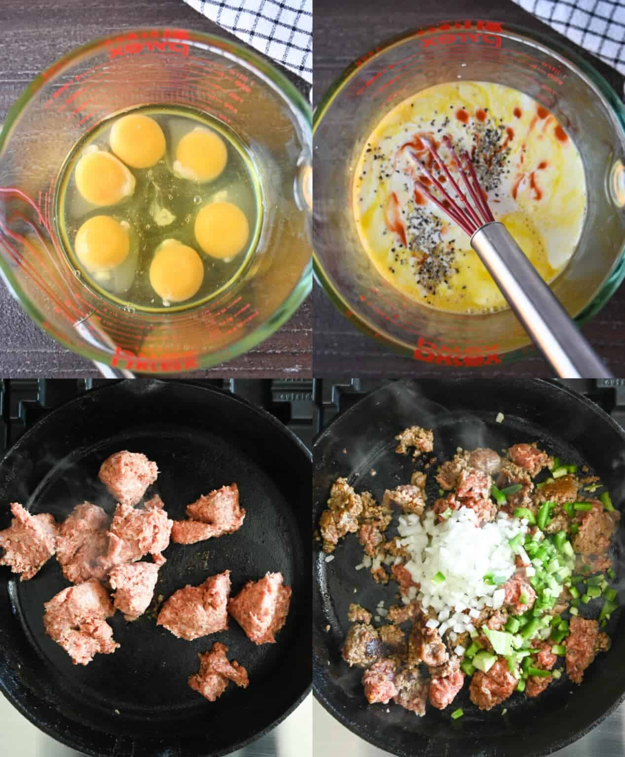 Four process photos. First one, eggs in a small clear bowl. Second one, eggs whisked together with milk and hot sauce. Third one, raw sausage placed in a hot skillet. Fourth one, diced onions and peppers placed on top of the ground sausage.