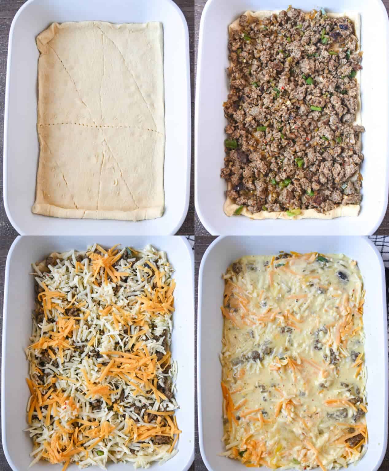 Four process photos. First one, crescent dough rolled out into the bottom of a baking dish. Second one, cooked sausage, onions and jalapenos placed on top of the crescent dough. Third one, shredded cheese sprinkled on top. Fourth one, egg mixture poured on top. 