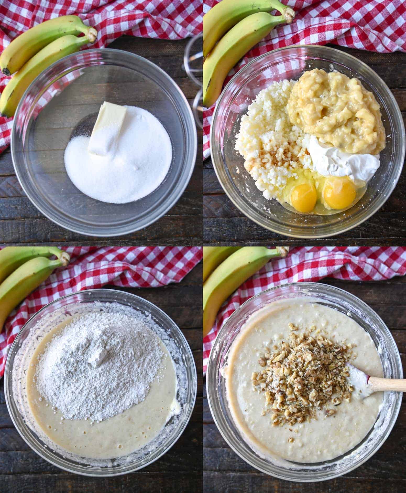 Four process photos. First one, gugar and butter in a bowl. Secone one, the rest of the wet ingredients placed on top. Third one, dry ingredients placed on top of the mixed wet. Fourth one, chopped walnuts placed on top and ready to be folded into the batter.