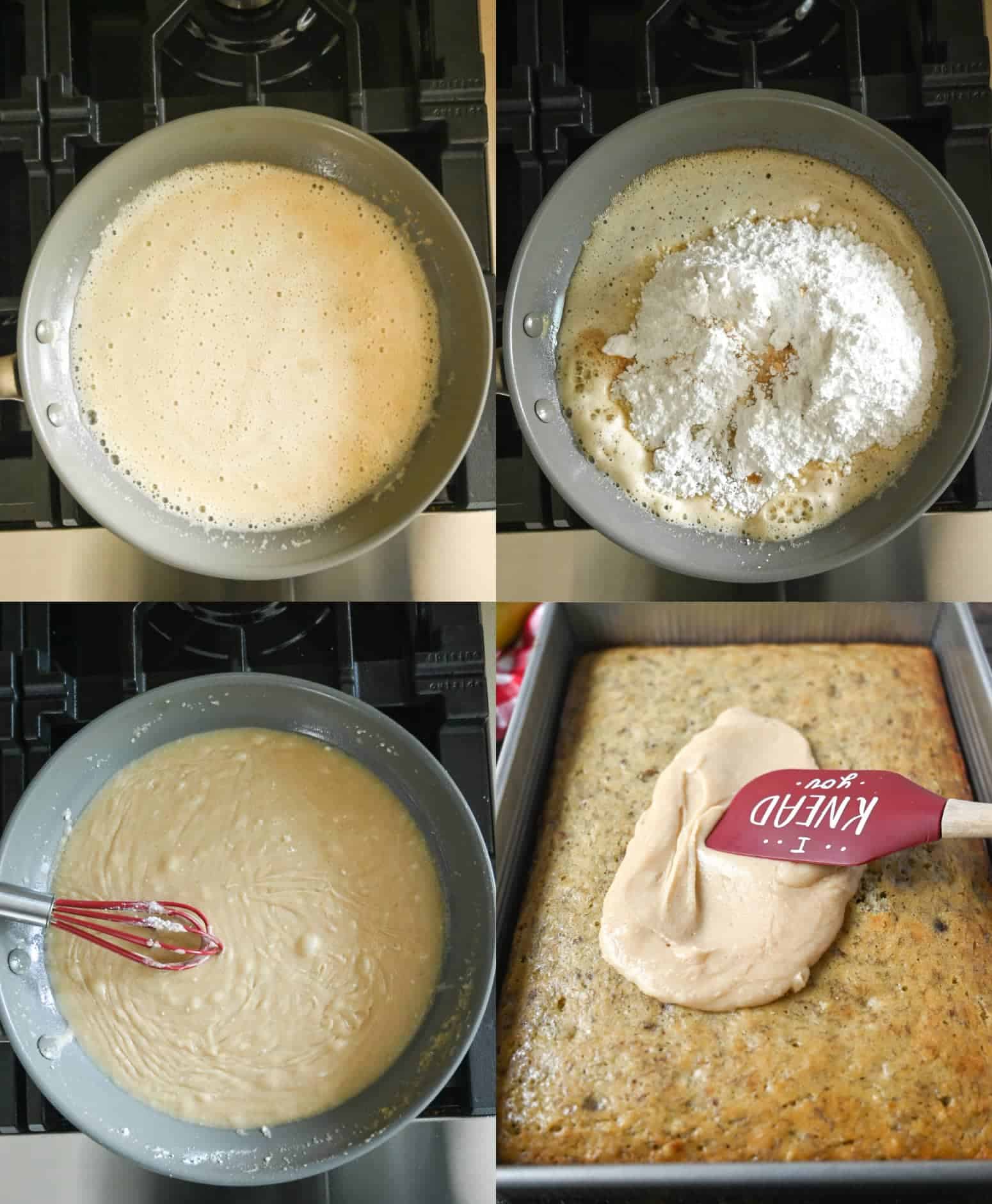 Four process photos. First one butter that has been melted and starting to brown in a skillet. Secone one, powdered suger poured into the brown butter. Third one, sugar and brown butter all whisked together. Fourth one, brown butter frosting spread on top of the baked cake.