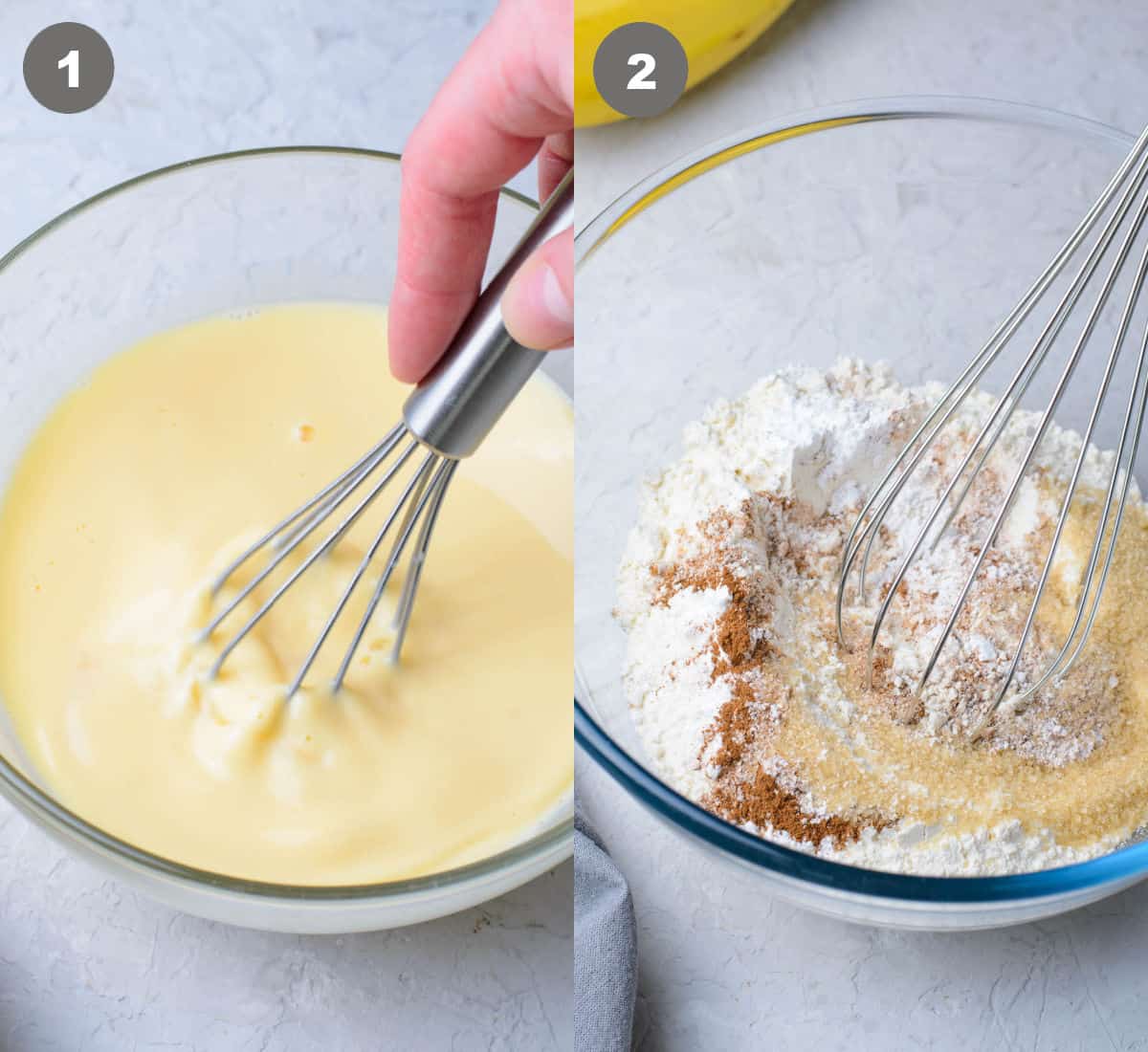 All the wet ingredients in a bowl and the dry ingredients into a bowl.