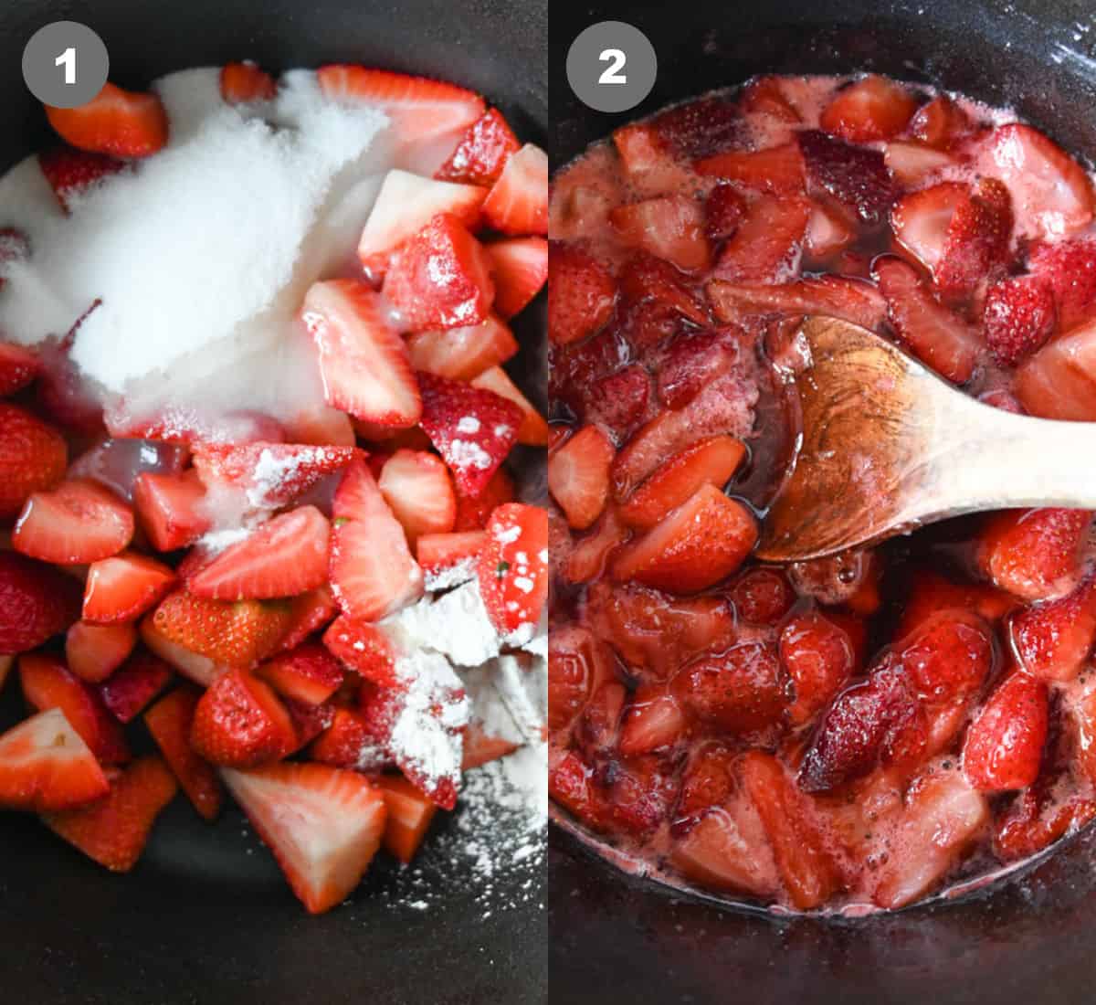 Diced strawberries in a pot with sugar and lemon juice and simmered.