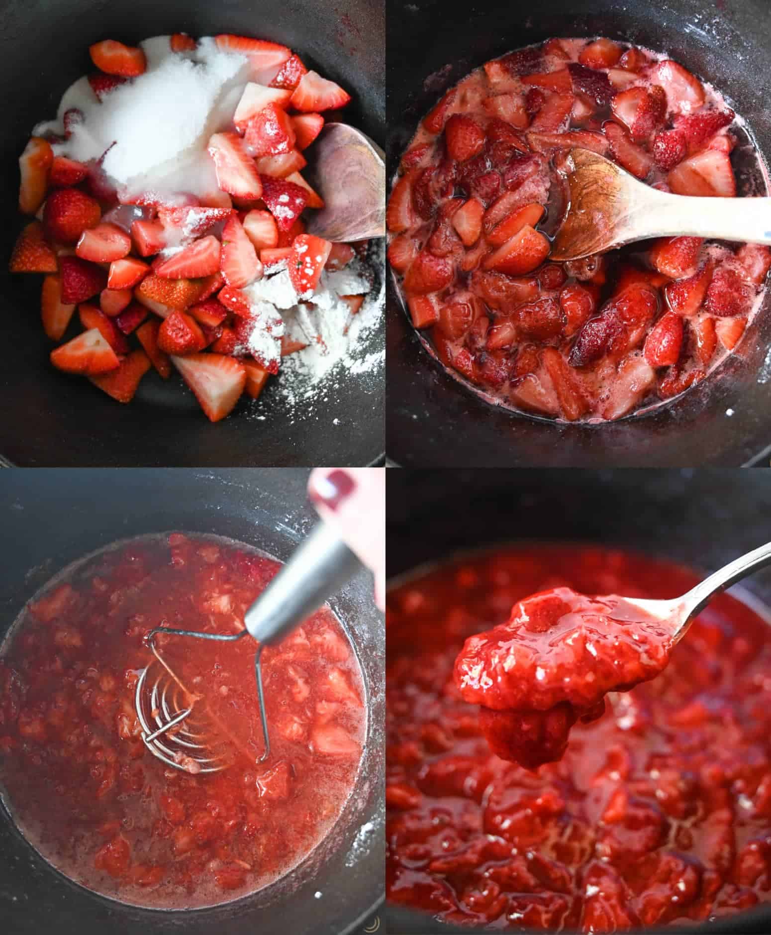 Four process photos. First one, ingredients placed in a large pot. Second one, ingredients have been simmered in the large pot. Third one, a potato masher is mashing the strawberry chunks up. Fourth one, a spoon scooping up some strawberry jam.