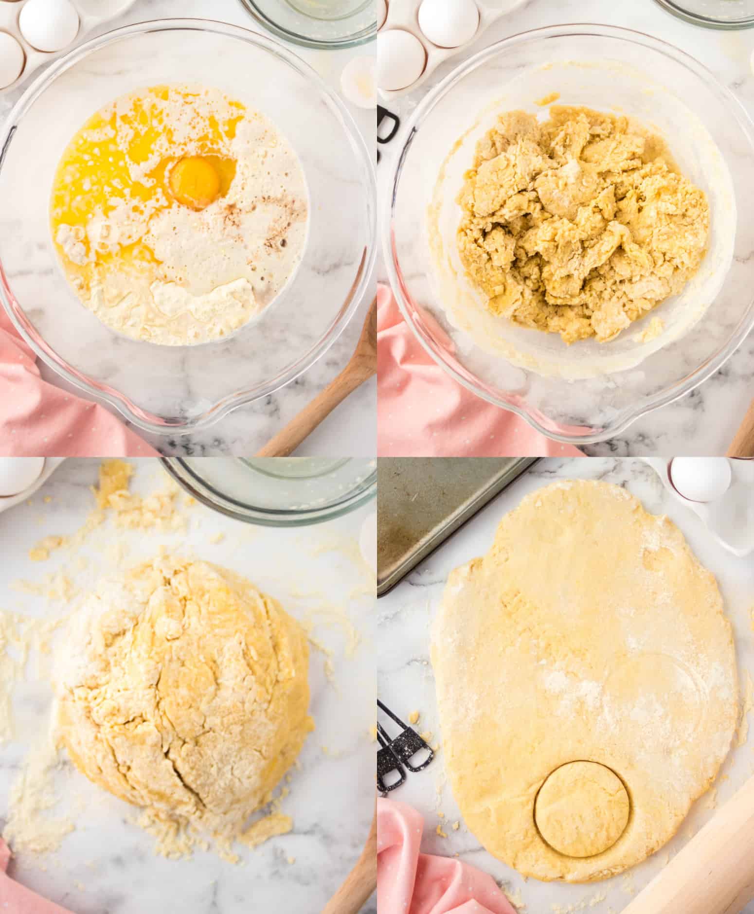 Four process photos. First one, wet ingredients placed in a bowl. Second one, dough all mixed up. Third one, a dough pileready to be rolled out. Fourth one, dough all rolled out and a donut cutter.