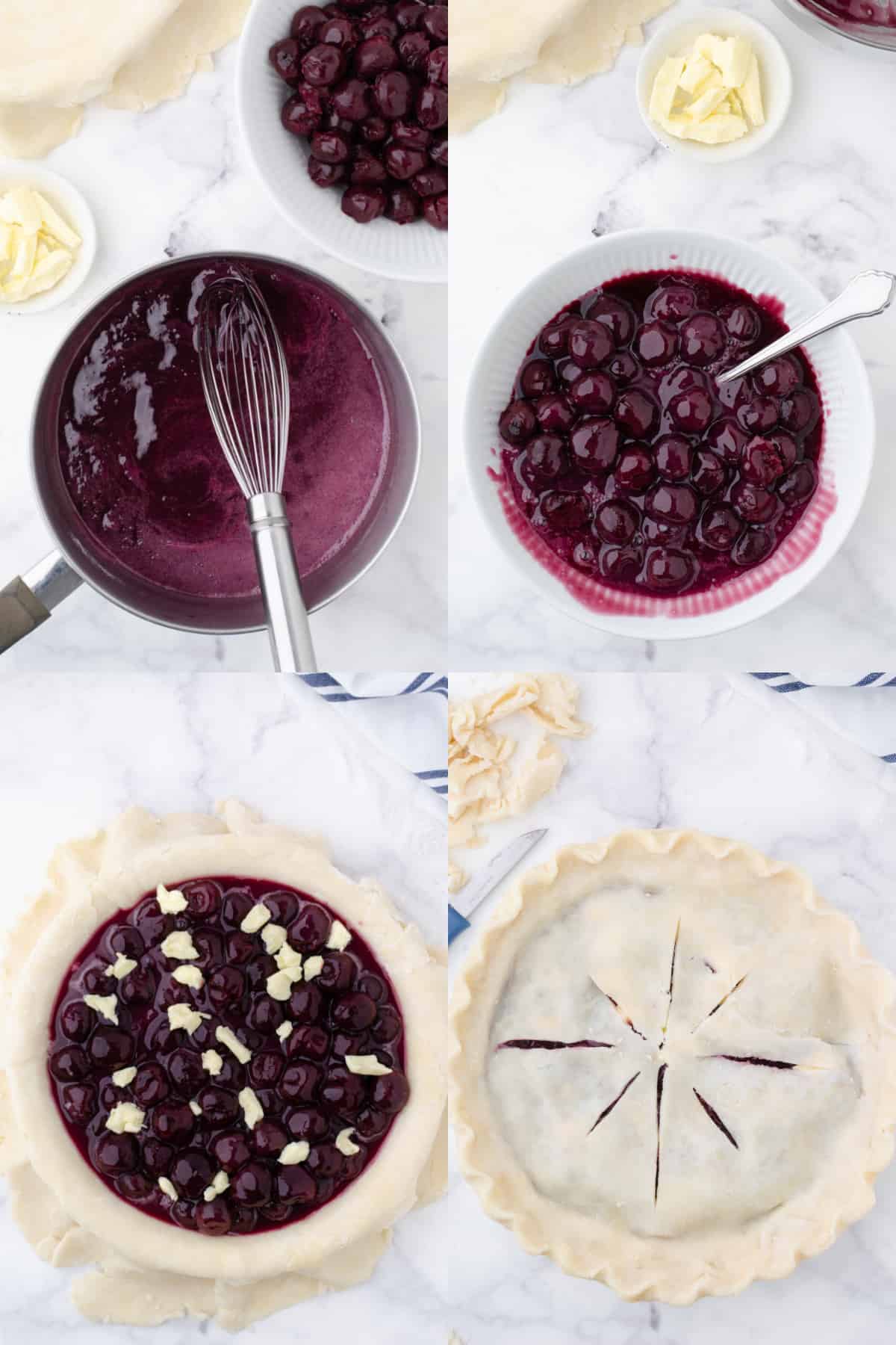 Four process photos. First one, cherry juice in a saucepan. Second one, cherries poured into the saucepan. Third one, thickened cherries on a homemade pie crust. Fourth one, top pie crust placed on top.