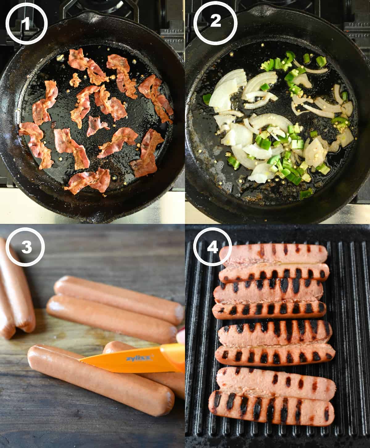 Four process photos. First one, bacon that has been fried in a skillet. Second one, onions and jalapenos are being cooked in the skillet. Third one, hotdogs are being sliced 3/4 of the way through. Fourth one, hot dogs are laying flat on a grill pan.