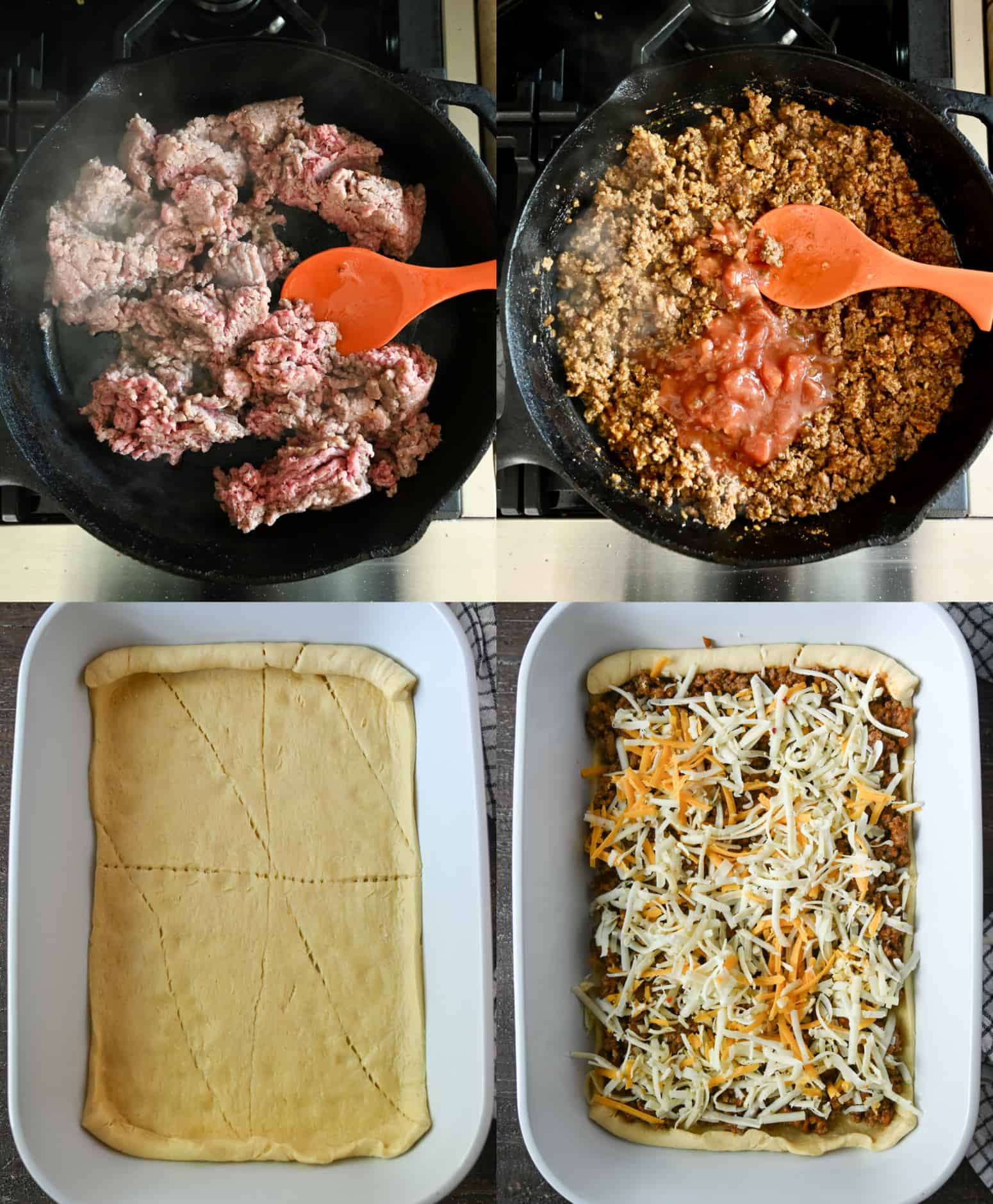 Four process photos. First one, ground beef placed in a hot cast iron skillet. Second one, taco seasoning and salsa poured on top of the browned ground beef. Third one crescent roll all rolled out into a 9x13 baking dish. Fourth one, taco meat and shredded cheese layered on top.