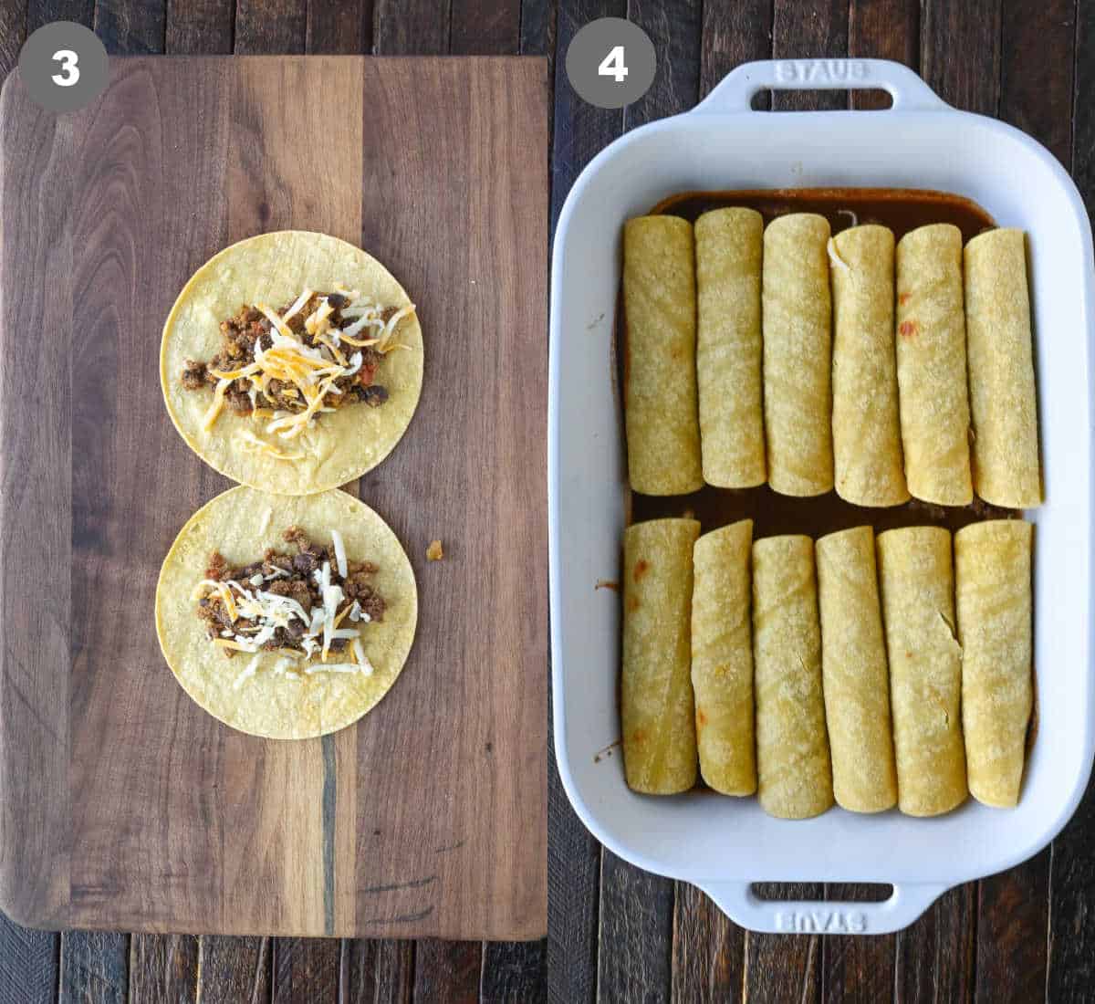 Ground beef and cheese placed on a corn tortilla and placed in a casserole dish.