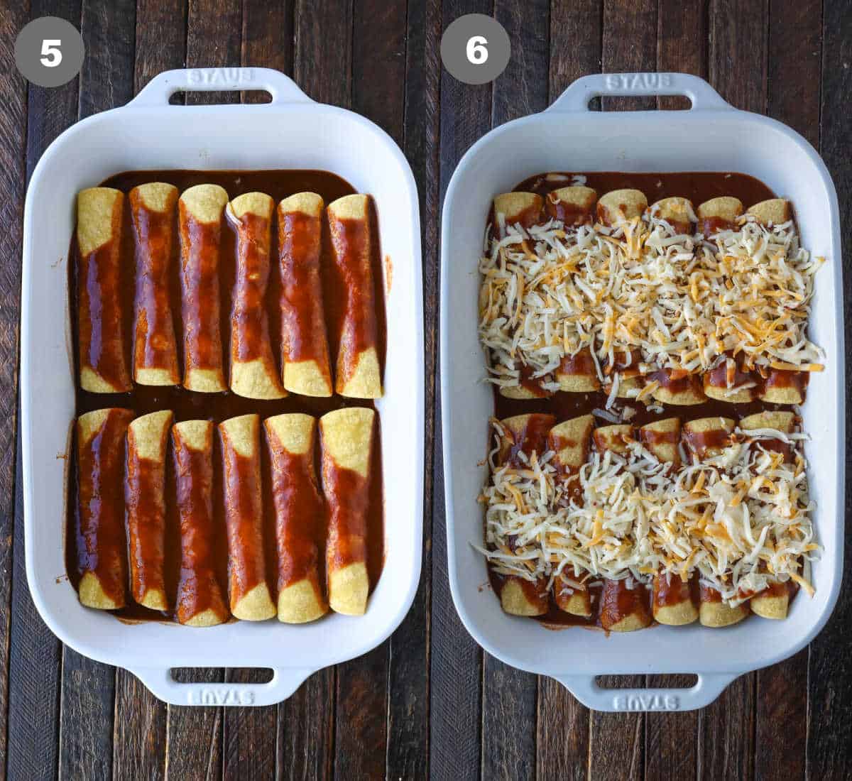 Rolled enchiladas place in a casserole dish with sauce poured on top then cheese.