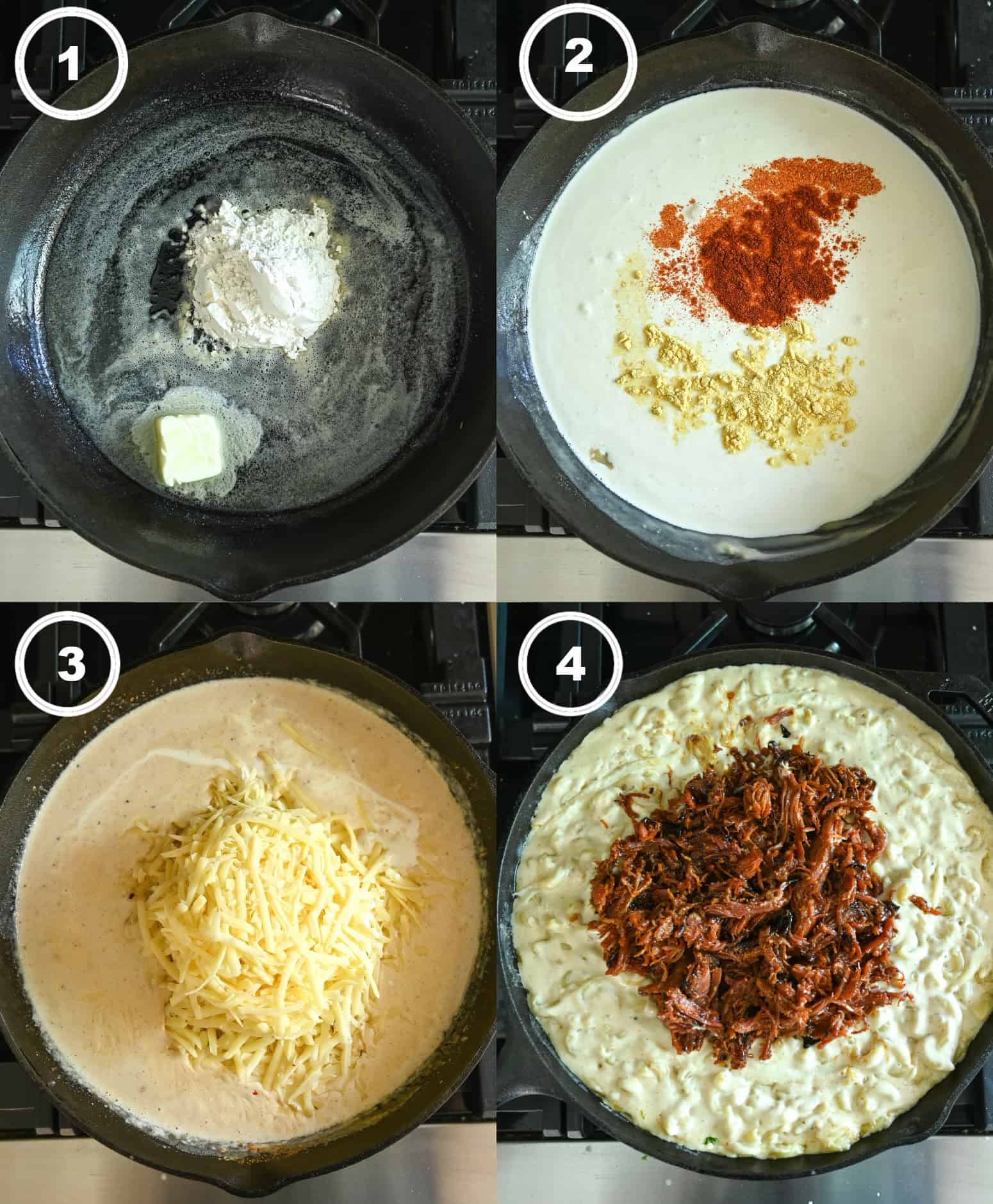 Four process photos. First one, melted butter in a cast iron skillet with flour sprinkled on top. Secone one, half and half has been added in along with spices. Third one, sgredded cheese has been added in. Fourth one, cooked pasta has been mised in and shredded pulled por added on top.