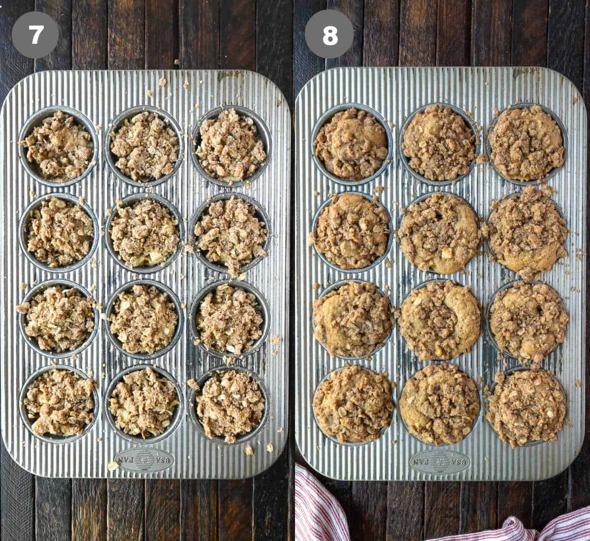 Muffins placed in a muffin pan and streusel added on top and baked.