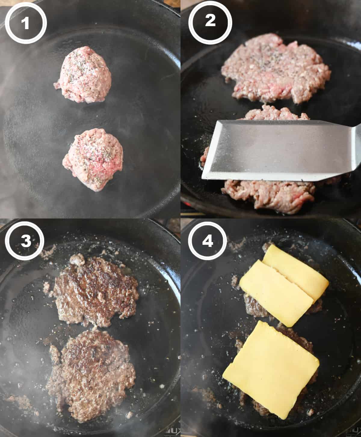 Four process photos. First one, two ground beef balls in a cast iron skillet. Secone one, spatula pressing the meat down, Third one, beef patty that has been flipped in a cast iron skillet. Fourth one, american cheese that has been placed on top.