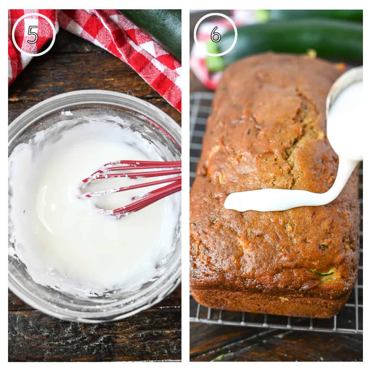 Two process photos, first one the glaze being mixed in a small bowl. Second one, a spoon drizzling it over the cooled loaf.