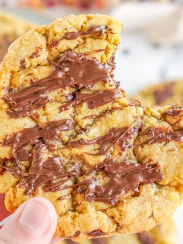 A close up photo of a pumpkin chocolate chip cookie being held.