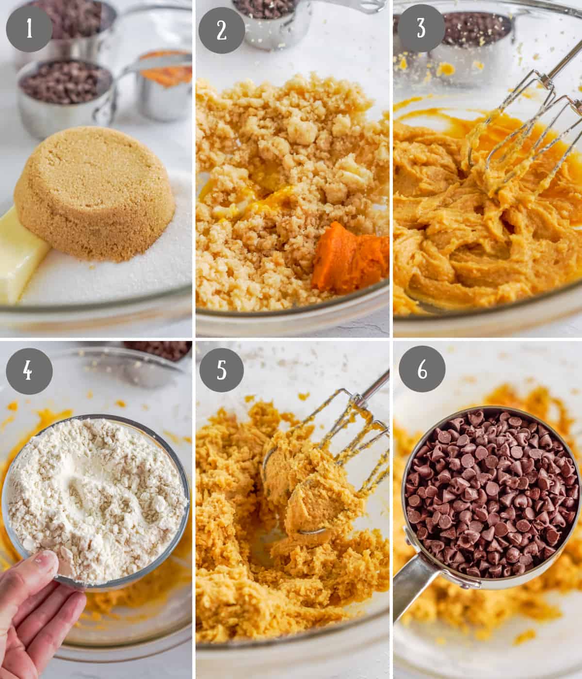 Six process photos. First one, butter and sugars in a bowl. Second one pumpkin added in. Third one, everything mixed together. Fourth one, Flour added in. Fifth one, everything mixed together. Sixth one, chocolate chips going in.