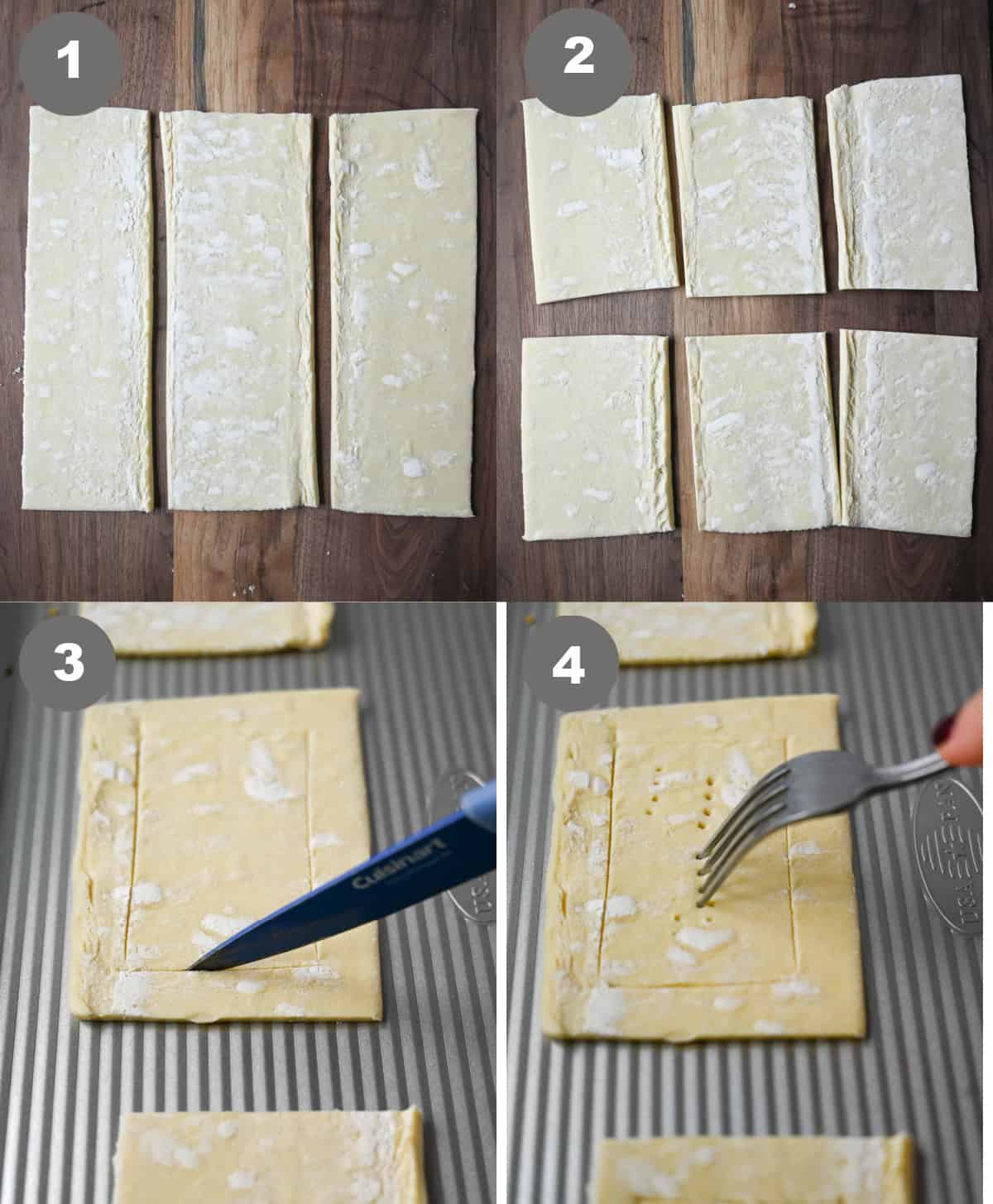 Four process photos. puff pastry cut into three strips. Secone one, three strips cut into six pastry aquares. Third one, a small square being scored in the center. Fourth one, a fork poking holes in the center square.