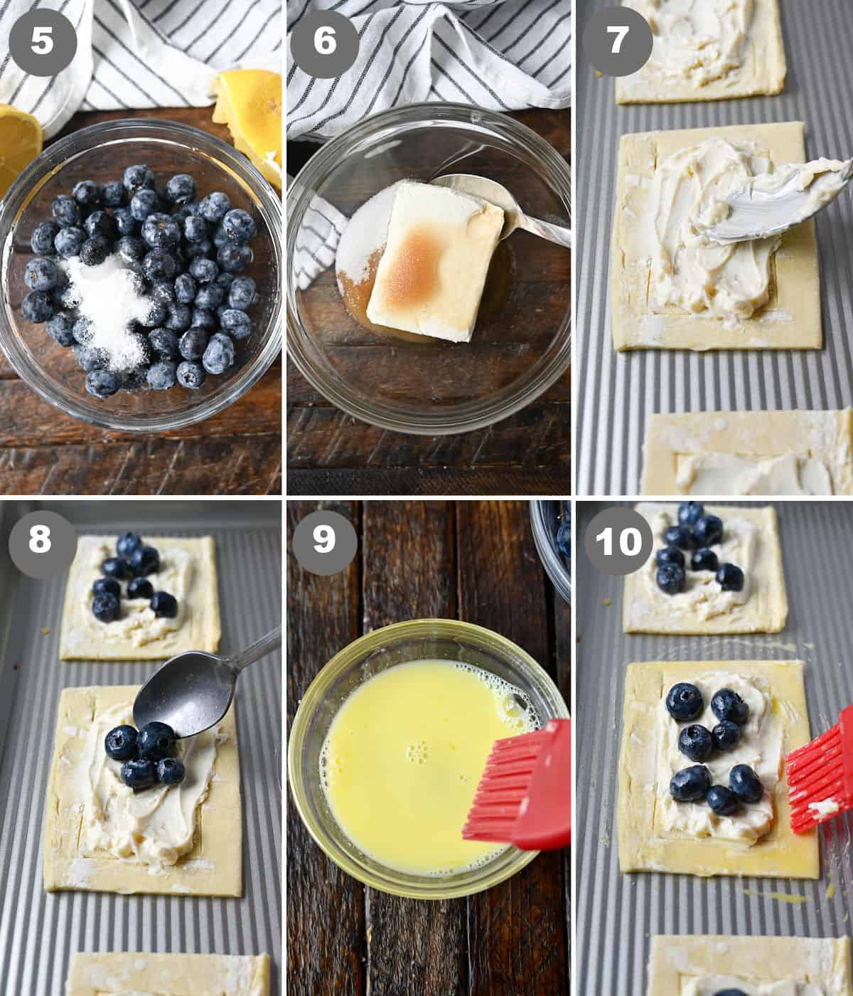 Six process photos. First one a small bowl with fresh blueberries and sugar. Second one, pastry filling ingredients in a bowl ready to be mixed. Third one, cream cheese filling being spread into the center on the pastry. Fourth one, blueberries placed on top of the filling. Fifth one, egg wash in a small bowl with a pastry brush. Sixth one, egg wash being brushed on the edges of the pastry.